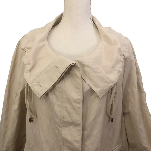 TALBOTS Sz 14W Khaki Button Up Ruffled Neck Long Sleeve Front Pockets Jacket - Picture 3 of 6